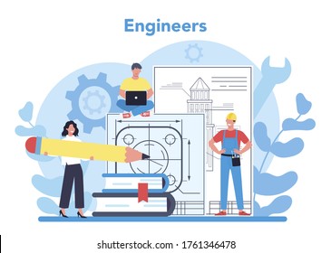Engineering concept. Technology and science. Professional occupation to design and build machines and structures. Architecture work or designer. Isolated flat vector illustration