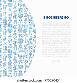 Engineering concept with thin line icons: engineer, electronics, calculations, tools, repair, idea, it server. Modern vector illustration for web page, banner, print media.