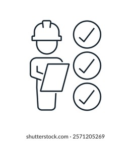 Engineering construction analysis, survey. Service inspection. Vector linear icon illustration isolated on white background.