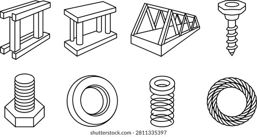 Engineering and construction components icons set including I-beam, truss bridge, screw, bolt, washer, spring, and wire rope illustration for mechanical design