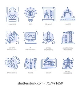 Engineering construction energy technology vector line icons set