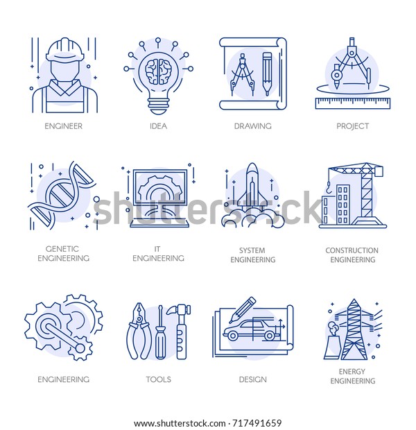 Engineering construction energy technology vector\
line icons set
