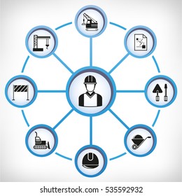 engineering and construction icons in circle diagram