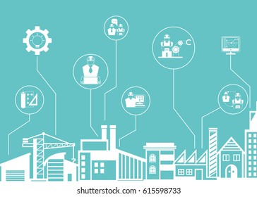engineering and construction icons with city skyline background