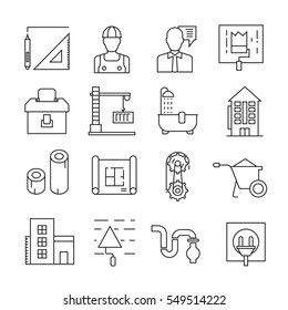 engineering and construction icons outline on white background