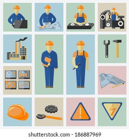 Engineering and construction icons set of workers tools computer data safety and warning vector illustration