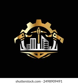Engineering and Construction Logo with gear and building. Vector Illustration.