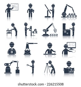 Engineering construction process factory production black icons set isolated vector illustration