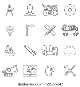 Engineering, construction and repair tools outline icon set. Vector illustration.