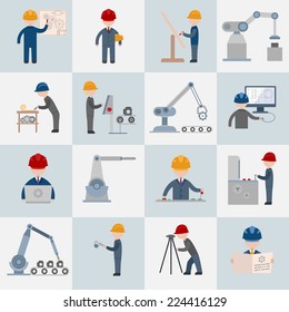 Engineering construction worker machine operator mechanic flat icons set isolated vector illustration
