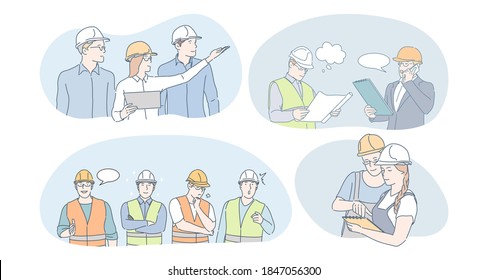 Engineering and construction workers concept. People engineers, builders and managers in protective helmets and uniform communicating and discussing building projects and construction plans together 