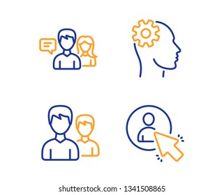 Engineering, Couple and People talking icons simple set. User sign. Cogwheel head, Two male users, Contact service. Project manager. People set. Linear engineering icon. Colorful design set. Vector