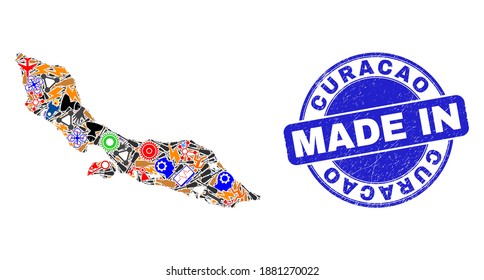 Engineering Curacao Island map mosaic and MADE IN distress rubber stamp. Curacao Island map abstraction designed with spanners,wheel,instruments,components,cars,electricity bolts,rockets.