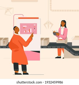 Engineering data analyzes, operators control quadcopter delivery, workers working on conveyor at smart factory or warehouse. Automation industry technology concept. Vector character illustration