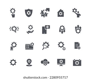 Diseño de ingeniería conjunto de iconos negros. Colección de elementos gráficos, coghweels para sitio web. Automatización de flujos de trabajo y aprendizaje automático. Ilustraciones de caricaturas de vectores planos aisladas en fondo blanco