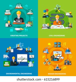 Engineering design concept with round compositions of maintenance signs worker characters construction and projection flat icons vector illustration