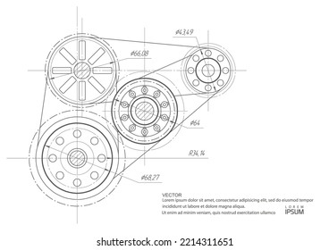 Engineering design of gears.Technical drawing background .Rotating mechanism of round parts . Vector illustration.