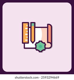 Engineering Design Icon, Blueprint, Pencil, Ruler, Gear