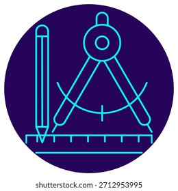Ícone de design de engenharia. Contorno de néon minimalista em um fundo redondo azul escuro. Uma ilustração vetorial elegante de uma bússola, régua e lápis, simbolizando a elaboração arquitetônica, medição técnica e planejamento preciso