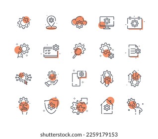 Conjunto de iconos de diseño de ingeniería. Colección de elementos gráficos para el sitio web. Mano con equipo, toallas, documentos y monitor de computadora. Ilustraciones de caricaturas de vectores planos aisladas en fondo blanco