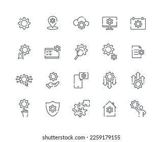 Conjunto de iconos de diseño de ingeniería. Colección de elementos gráficos para el sitio web. Apoyo técnico y consultas. Coghweel y herramienta. Ilustraciones de caricaturas de vectores planos aisladas en fondo blanco