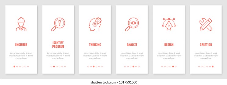 Engineering design process onboarding screens design. Template for mobile apps and website. Vector illustration.