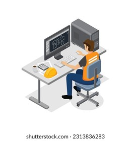 Engineering designer working man sitting at his workplace working with computer program. isometric vector illustration