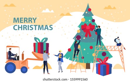 Engineering and developing business Christmas concept vector illustration, with people decorating a Christmas tree and delivering big gift boxes. Holiday poster on constructing and corporate theme