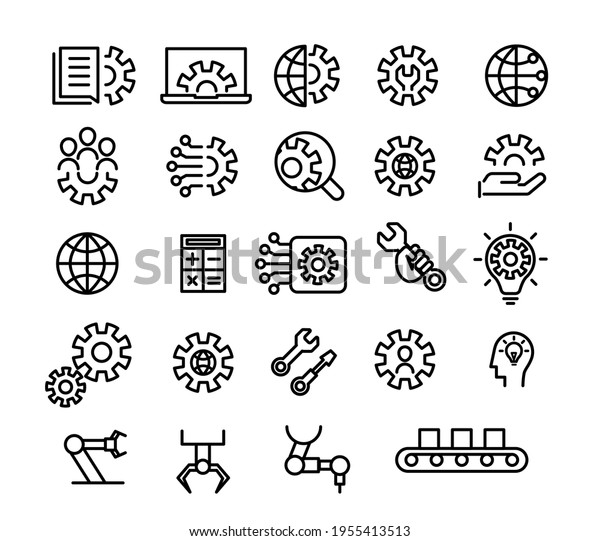 Engineering, development and innovation icon set\
in outline\
design.