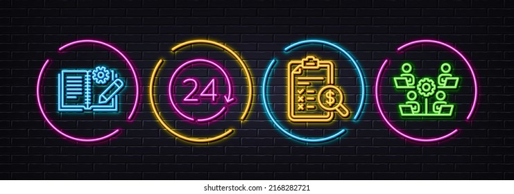 Documentación de ingeniería, 24 horas e informe de contabilidad iconos de línea mínimos. Luces 3d láser neón. Iconos de trabajo en equipo. Para web, aplicación, impresión. Manual, Time, Check Finance. Trabajo remoto. Vector