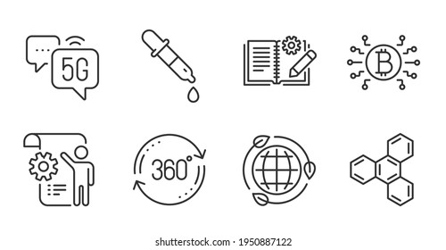 Engineering documentation, 5g internet and Chemical formula line icons set. Bitcoin system, Eco energy and Settings blueprint signs. Chemistry pipette, Full rotation symbols. Vector