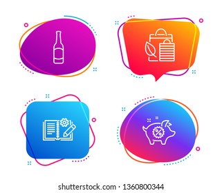 Engineering documentation, Beer and Bio shopping icons simple set. Piggy sale sign. Manual, Bar drink, Leaf. Discounts. Business set. Speech bubble engineering documentation icon. Vector