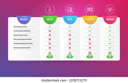 Engineering documentation, Beer and Bio shopping icons simple set. Comparison table. Piggy sale sign. Manual, Bar drink, Leaf. Discounts. Business set. Pricing plan. Compare products. Vector