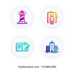 Engineering documentation, Elevator and Lighthouse icons simple set. Button with halftone dots. Skyscraper buildings sign. Manual, Lift, Searchlight tower. Town architecture. Industrial set. Vector