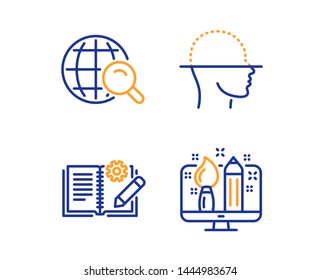 Engineering Documentation, Internet Search And Face Scanning Icons Simple Set. Creative Design Sign. Manual, Web Finder, Faces Detection. Designer. Linear Engineering Documentation Icon. Vector