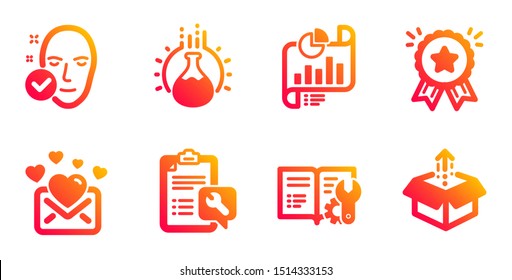 Engineering documentation, Love mail and Report document line icons set. Chemistry experiment, Loyalty award and Health skin signs. Spanner, Send box symbols. Manual, Valentines letter. Vector