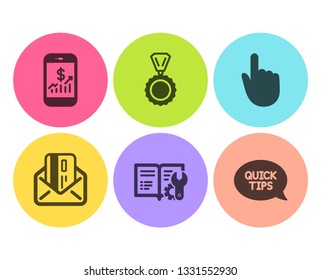 Engineering documentation, Medal and Hand click icons simple set. Mobile finance, Credit card and Quickstart guide signs. Manual, Winner. Education set. Flat engineering documentation icon. Vector