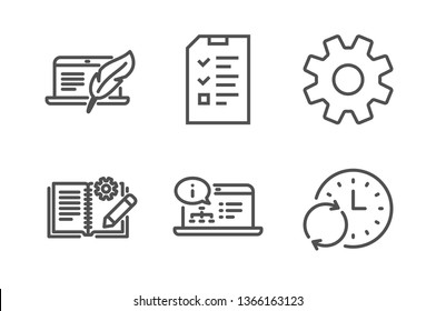 Engineering documentation, Online documentation and Interview icons simple set. Service, Copyright laptop and Update time signs. Manual, Web engineering. Science set. Vector