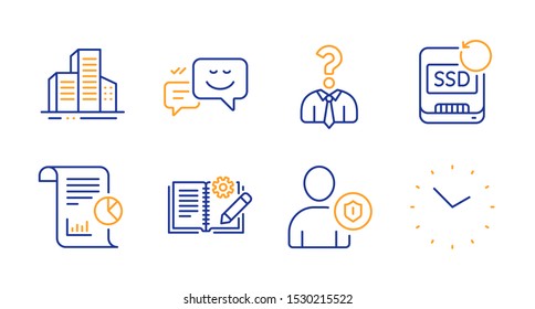 Engineering documentation, Recovery ssd and Happy emotion line icons set. Hiring employees, Security and Buildings signs. Report, Time symbols. Manual, Backup info. Business set. Vector
