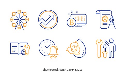 Engineering documentation, Recycle water and Ferris wheel line icons set. Alarm bell, Bitcoin system and Divider document signs. Audit, Repairman symbols. Manual, Refill aqua. Business set. Vector