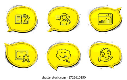 Engineering documentation sign. Diploma certificate, save planet chat bubbles. People, Yummy smile and Marketing statistics line icons set. Support job, Comic chat, Web analytics. Manual. Vector