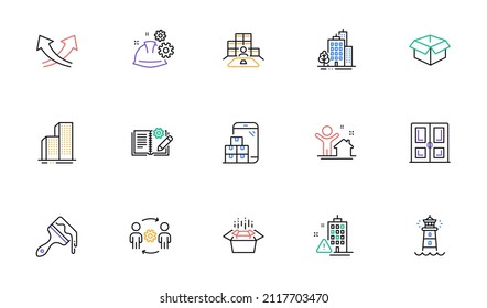 Engineering documentation, Engineering team and Brush line icons for website, printing. Collection of Working process, Lighthouse, Opened box icons. Intersection arrows, Buildings. Vector