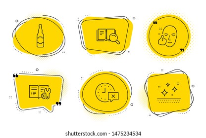 Engineering documentation, Time and Clean skin signs. Chat bubbles. Beer bottle, Search book and Healthy face line icons set. Craft beer, Online education, Healthy cosmetics. Manual. Vector
