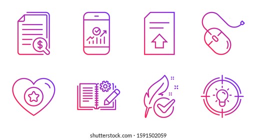 Engineering documentation, Upload file and Financial documents line icons set. Hypoallergenic tested, Heart and Smartphone statistics signs. Computer mouse, Idea symbols. Vector