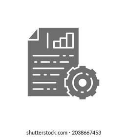 Ingeniería documentos con diagrama y rueda de engranaje, icono gris del plan del proyecto.