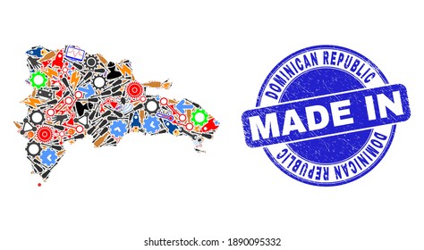 Engineering Dominican Republic map mosaic and MADE IN textured rubber stamp. Dominican Republic map composition composed from spanners,wheel, tools,components,cars,power sparks,bugs.
