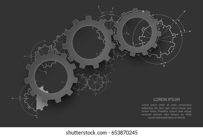 Engineering drawing abstract industrial background with a cogwheels. Gears in engagement.