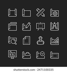 Engineering drawing, blueprint icons, white lines on black background. Technical diagrams, product design and development. Customizable line thickness