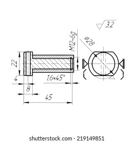 Engineering Drawing the bolt on a white background. Detail of the mechanism.