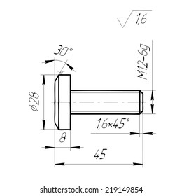 Engineering Drawing the bolt on a white background. Detail of the mechanism.